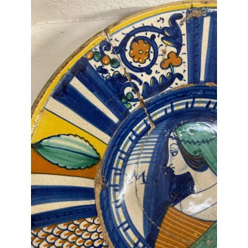 ANTICO PIATTO PARATA MAIOLICA Deruta PROFILO DONNA La Bella lettera M ø 31cm XVI