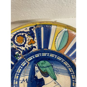 ANTICO PIATTO PARATA MAIOLICA Deruta PROFILO DONNA La Bella lettera M ø 31cm XVI