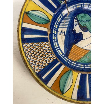 ANTICO PIATTO PARATA MAIOLICA Deruta PROFILO DONNA La Bella lettera M ø 31cm XVI