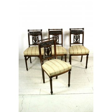 GRUPPO 4 SEDIE SALA SALOTTO LEGNO NOCE INTAGLIATE IMBOTTITE STILE BAROCCO '900