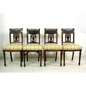 GRUPPO 4 SEDIE SALA SALOTTO LEGNO NOCE INTAGLIATE IMBOTTITE STILE BAROCCO '900