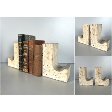 COPPIA FERMA LIBRI TRAVERTINO SCULTURA VINTAGE DESIGN ATTR. F.lli MANNELLI '70s