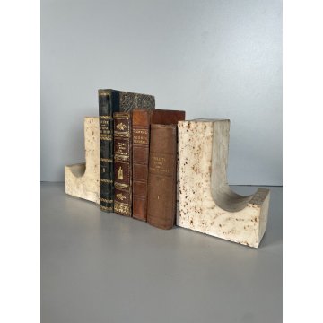 COPPIA FERMA LIBRI TRAVERTINO SCULTURA VINTAGE DESIGN ATTR. F.lli MANNELLI '70s