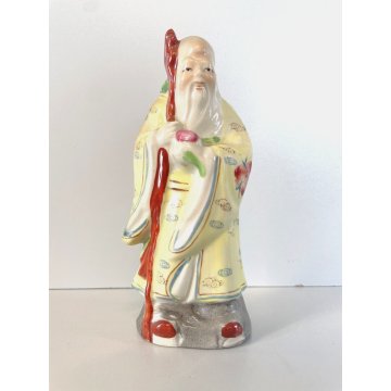 SCULTURA CERAMICA CINESE Famille Rose FIGURA DIO LONGEVITA' Shou Lao 14 cm/h