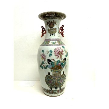 GRANDE ANTICO VASO PORCELLANA FAMILLE ROSE CINA DECORO FLOREALE POLICROMO 58 cm