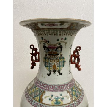 GRANDE ANTICO VASO PORCELLANA FAMILLE ROSE CINA DECORO FLOREALE POLICROMO 58 cm