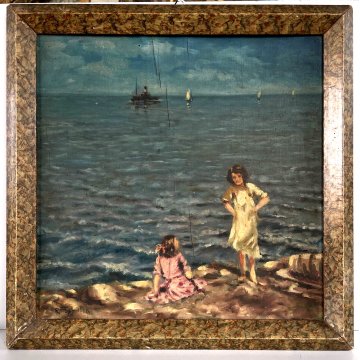 ANTICO QUADRO DIPINTO OLIO R. Sheller PAESAGGIO IMPRESSIONISTA MARINA FIGURE 900