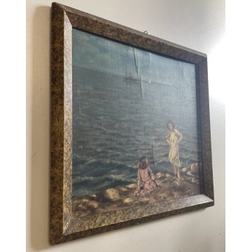 ANTICO QUADRO DIPINTO OLIO R. Sheller PAESAGGIO IMPRESSIONISTA MARINA FIGURE 900