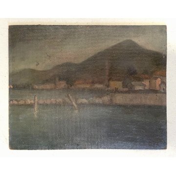 ANTICO DIPINTO OLIO Salvatore Blasco VEDUTA "Paesaggio d'Iseo" LAGO COLLINE 1948