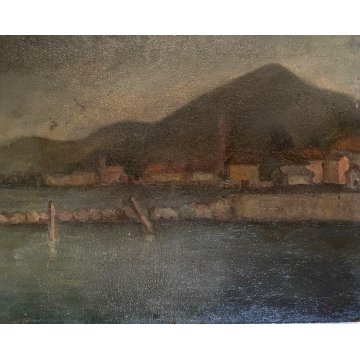 ANTICO DIPINTO OLIO Salvatore Blasco VEDUTA "Paesaggio d'Iseo" LAGO COLLINE 1948