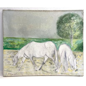 DIPINTO OLIO G. Cesetti "Due cavalli al pascolo" ARTE MODERNA CONTEMPORANEA 1965