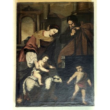 ANTICO DIPINTO OLIO TELA SACRA FAMIGLIA S. Giovanni BAMBINO SCUOLA ITALIANA '600