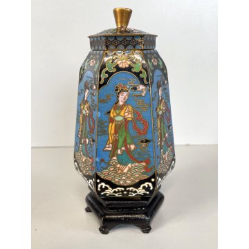 ANTICO VASO con COPERCHIO BASE ESAGONALE CINESE CLOISONNE OTTONE SMALTO ORIENTE