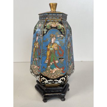 ANTICO VASO con COPERCHIO BASE ESAGONALE CINESE CLOISONNE OTTONE SMALTO ORIENTE