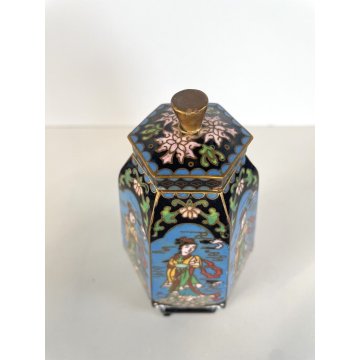 ANTICO VASO con COPERCHIO BASE ESAGONALE CINESE CLOISONNE OTTONE SMALTO ORIENTE