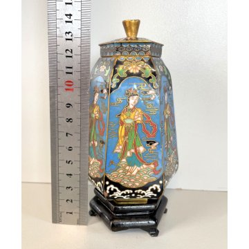 ANTICO VASO con COPERCHIO BASE ESAGONALE CINESE CLOISONNE OTTONE SMALTO ORIENTE