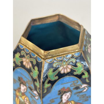 ANTICO VASO con COPERCHIO BASE ESAGONALE CINESE CLOISONNE OTTONE SMALTO ORIENTE