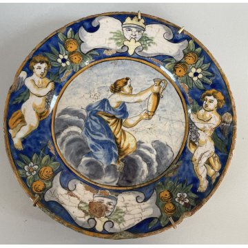 ANTICO PIATTO CERAMICA CASTELLI EPOCA 1700 CASTELLI ABRUZZO UVA VENDEMMIA PUTTO