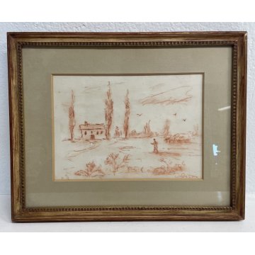 QUADRO DISEGNO SANGUIGNA CARTA SPOLVERO FIRMATO "Pisis" SCENA VITA RURALE '900