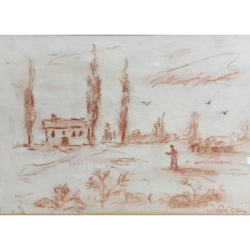 QUADRO DISEGNO SANGUIGNA CARTA SPOLVERO FIRMATO "Pisis" SCENA VITA RURALE '900