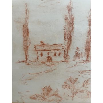 QUADRO DISEGNO SANGUIGNA CARTA SPOLVERO FIRMATO "Pisis" SCENA VITA RURALE '900