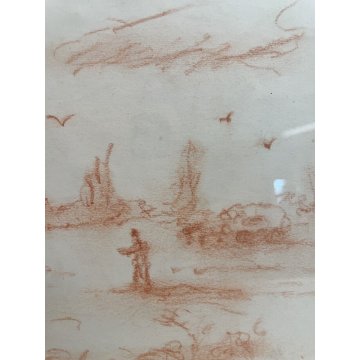 QUADRO DISEGNO SANGUIGNA CARTA SPOLVERO FIRMATO "Pisis" SCENA VITA RURALE '900