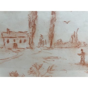 QUADRO DISEGNO SANGUIGNA CARTA SPOLVERO FIRMATO "Pisis" SCENA VITA RURALE '900