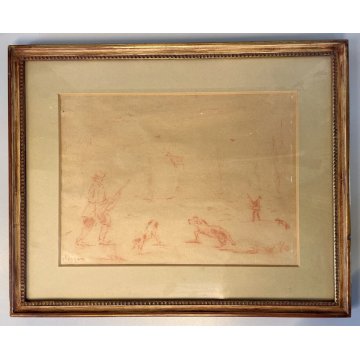 QUADRO DISEGNO SANGUIGNA CARTA SPOLVERO FIRMATO "Pisis" SCENA di CACCIA '900