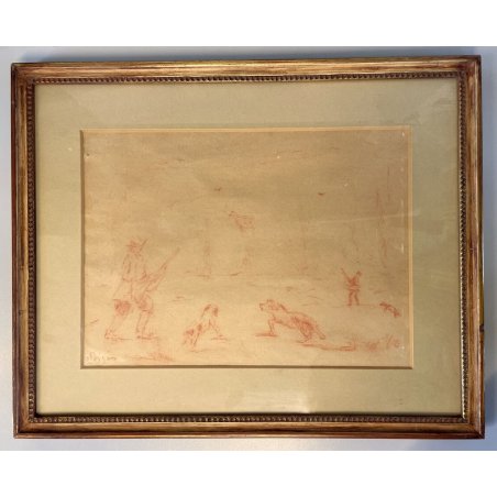 QUADRO DISEGNO SANGUIGNA CARTA SPOLVERO FIRMATO "Pisis" SCENA di CACCIA '900