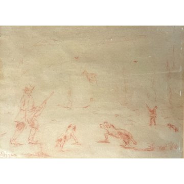 QUADRO DISEGNO SANGUIGNA CARTA SPOLVERO FIRMATO "Pisis" SCENA di CACCIA '900