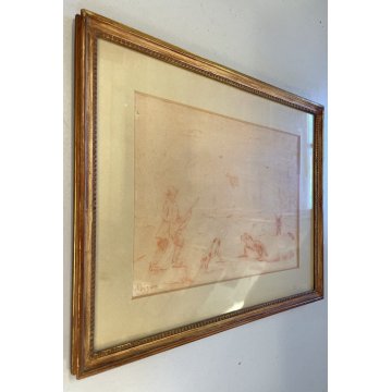 QUADRO DISEGNO SANGUIGNA CARTA SPOLVERO FIRMATO "Pisis" SCENA di CACCIA '900