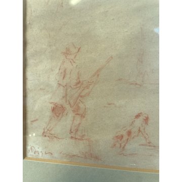 QUADRO DISEGNO SANGUIGNA CARTA SPOLVERO FIRMATO "Pisis" SCENA di CACCIA '900