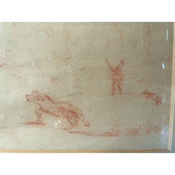 QUADRO DISEGNO SANGUIGNA CARTA SPOLVERO FIRMATO "Pisis" SCENA di CACCIA '900