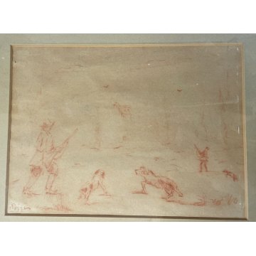 QUADRO DISEGNO SANGUIGNA CARTA SPOLVERO FIRMATO "Pisis" SCENA di CACCIA '900