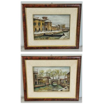 COPPIA ANTICO DIPINTO OLIO TAVOLA epoca 1900 VECCHIA MILANO Naviglio FIRMATO