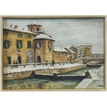 COPPIA ANTICO DIPINTO OLIO TAVOLA epoca 1900 VECCHIA MILANO Naviglio FIRMATO