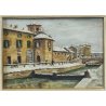 COPPIA ANTICO DIPINTO OLIO TAVOLA epoca 1900 VECCHIA MILANO Naviglio FIRMATO