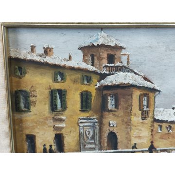 COPPIA ANTICO DIPINTO OLIO TAVOLA epoca 1900 VECCHIA MILANO Naviglio FIRMATO