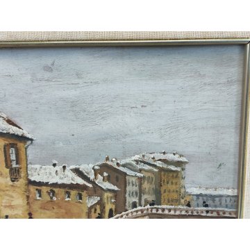 COPPIA ANTICO DIPINTO OLIO TAVOLA epoca 1900 VECCHIA MILANO Naviglio FIRMATO