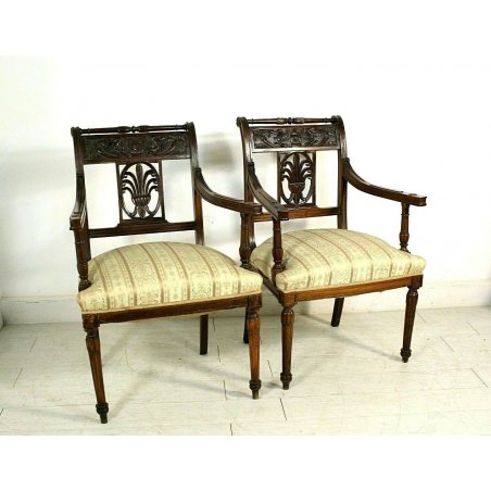 COPPIA POLTRONCINE SALA SALOTTO LEGNO NOCE INTAGLIATE STILE BAROCCO '800/'900