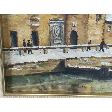 COPPIA ANTICO DIPINTO OLIO TAVOLA epoca 1900 VECCHIA MILANO Naviglio FIRMATO