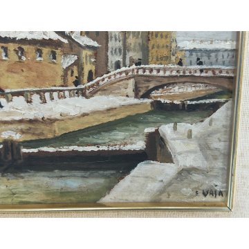 COPPIA ANTICO DIPINTO OLIO TAVOLA epoca 1900 VECCHIA MILANO Naviglio FIRMATO