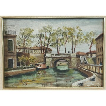 COPPIA ANTICO DIPINTO OLIO TAVOLA epoca 1900 VECCHIA MILANO Naviglio FIRMATO