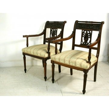 COPPIA POLTRONCINE SALA SALOTTO LEGNO NOCE INTAGLIATE STILE BAROCCO '800/'900