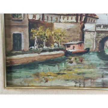 COPPIA ANTICO DIPINTO OLIO TAVOLA epoca 1900 VECCHIA MILANO Naviglio FIRMATO