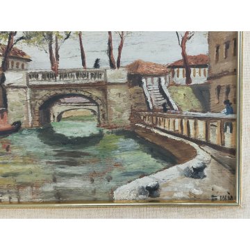 COPPIA ANTICO DIPINTO OLIO TAVOLA epoca 1900 VECCHIA MILANO Naviglio FIRMATO