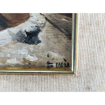 COPPIA ANTICO DIPINTO OLIO TAVOLA epoca 1900 VECCHIA MILANO Naviglio FIRMATO