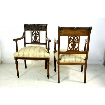 COPPIA POLTRONCINE SALA SALOTTO LEGNO NOCE INTAGLIATE STILE BAROCCO '800/'900