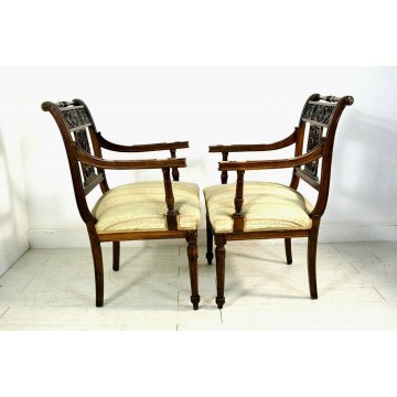 COPPIA POLTRONCINE SALA SALOTTO LEGNO NOCE INTAGLIATE STILE BAROCCO '800/'900
