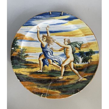 ANTICO PIATTO CERAMICA PARATA MAIOLICA "Gubio" SCENA MITOLOGICA ø27cm EPOCA '700